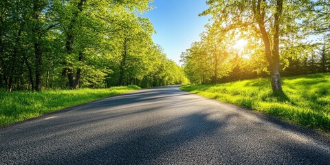 Fototapeta premium Summertime countryside with a lush forests and asphalt road
