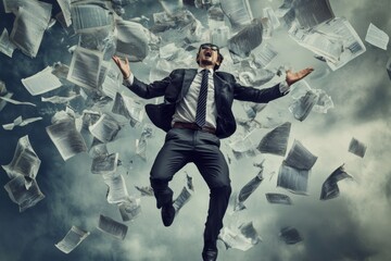 Businessman screaming and jumping in the air surrounded by flying papers