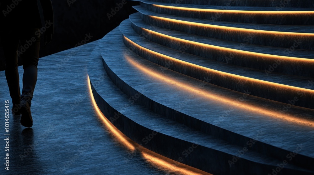 Poster A dimly lit staircase with glowing edges, inviting exploration and creating a serene atmosphere.