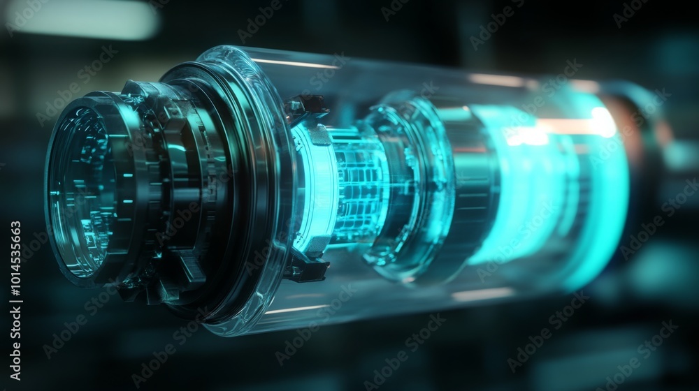 Poster a detailed, futuristic energy core, composed of transparent materials, with glowing blue elements. i