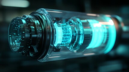 A detailed, futuristic energy core, composed of transparent materials, with glowing blue elements. It appears to be situated in a high-tech lab or workshop, emphasizing advanced technology.