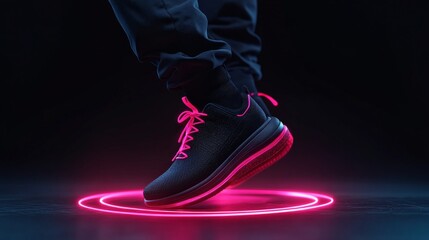 Neon Dance Steps: A captivating close-up showcases a stylish sneaker with vibrant pink neon accents, poised mid-step on a glowing circular platform against a dark background.
