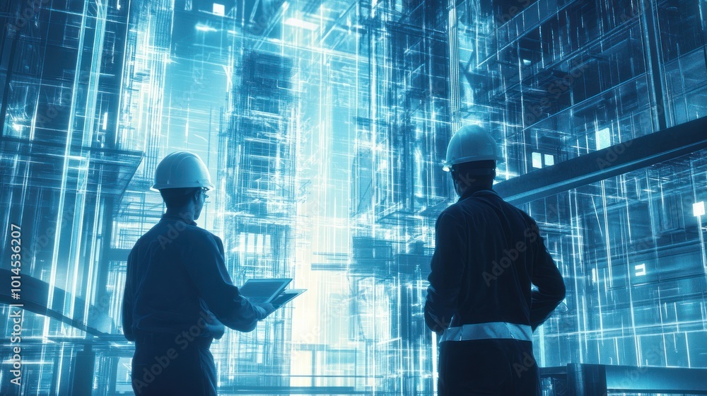 Poster two construction workers examining a digital blueprint of a building