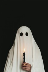  sheet ghost holding a black burning candle, black background, dark