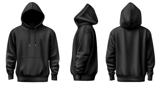 Versatile Black Hoodie Displayed in Front, Side, and Back Views for Detailed Product Presentation