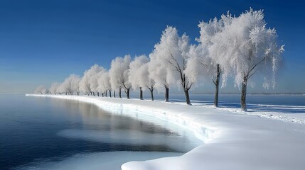 Frosty morning landscape with trees covered in frost and a frozen lake