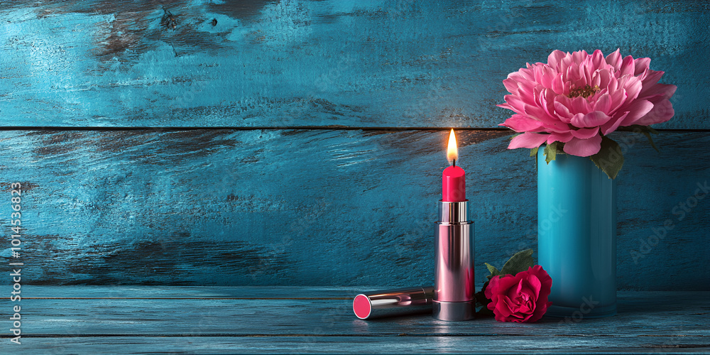 Wall mural pink lipstick and daisy flower on rustic wooden table