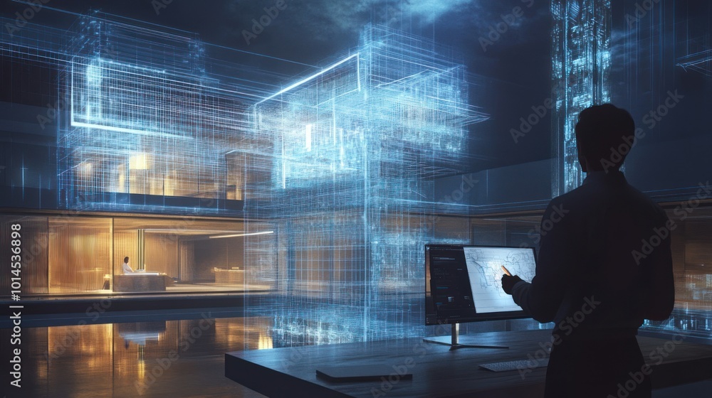 Aufkleber A Silhouetted Figure Working on a Computer in Front of a 3D Projection of a House