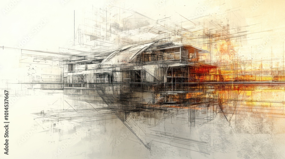 Poster Abstract Architectural Sketch of a Modern Building with Layered Lines and Grids