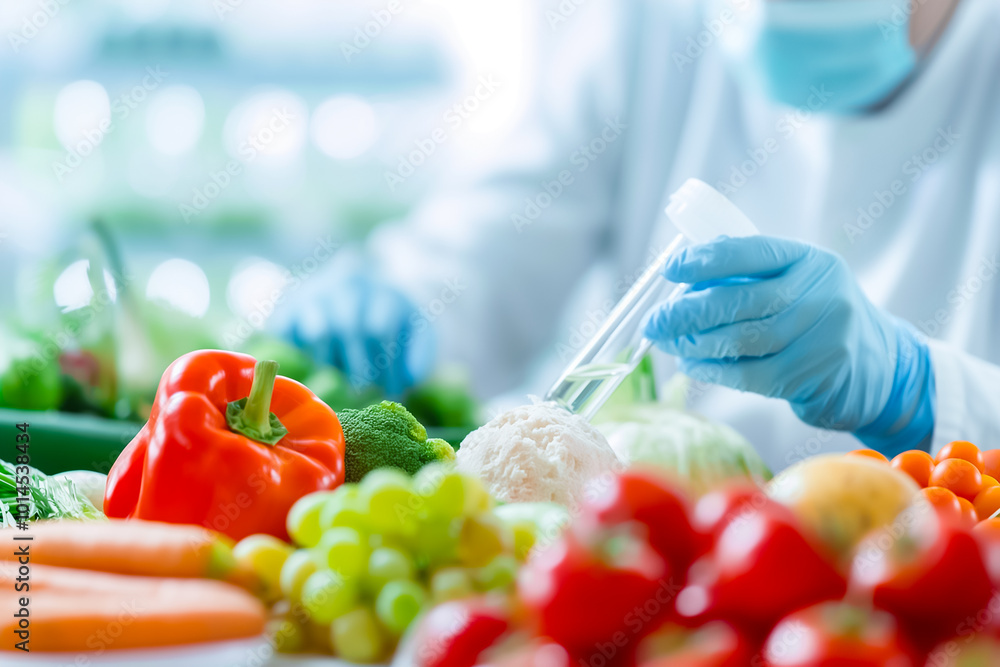 Poster a scientist in gloves and a mask examines fresh vegetables and fruits while testing for contaminants