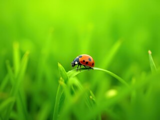 Delicate ladybug on fine grass, embodying minimalism