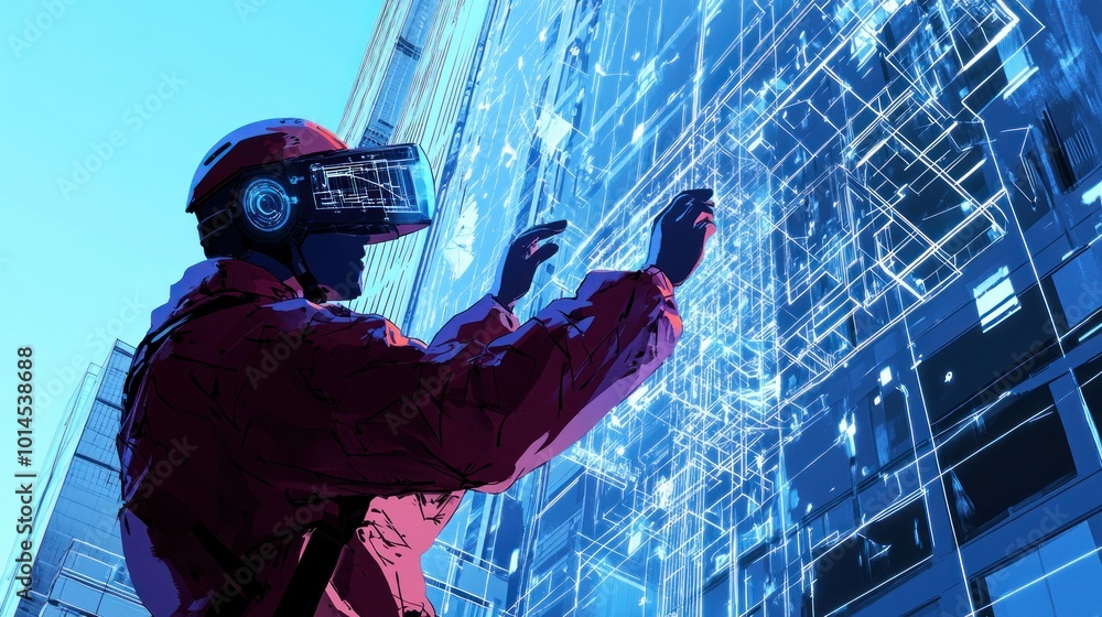 Poster a person wearing a vr headset interacts with a digital interface in front of a tall building