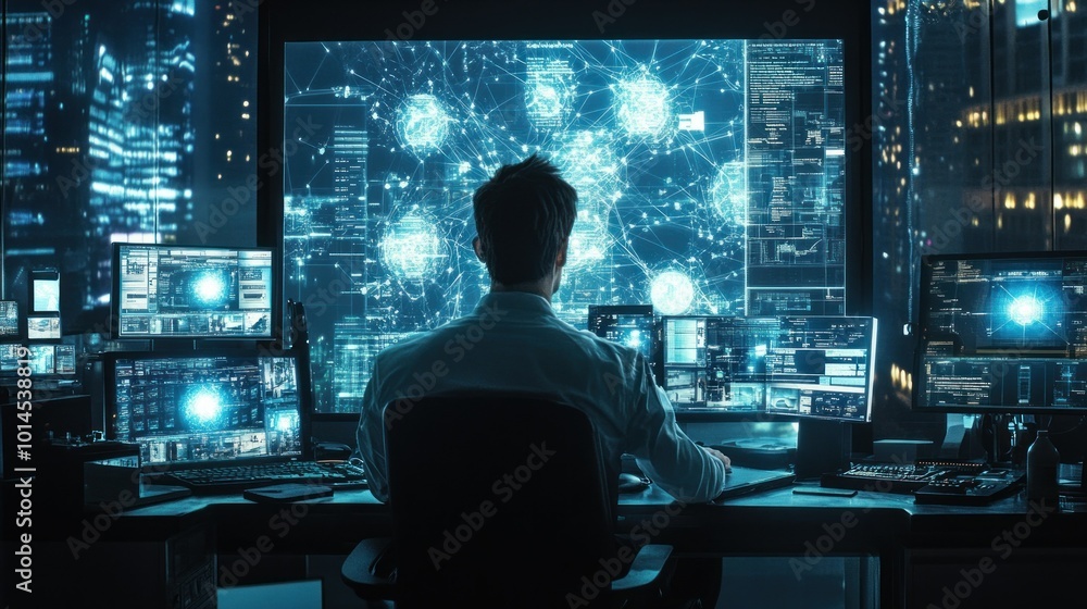 Poster Hacker Working on a Network of Computers at Night