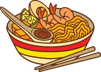 laksa noodle illustration with fried shrimp tofu boiled eg and lime in white red yellow bowl suitable for street food promotion
