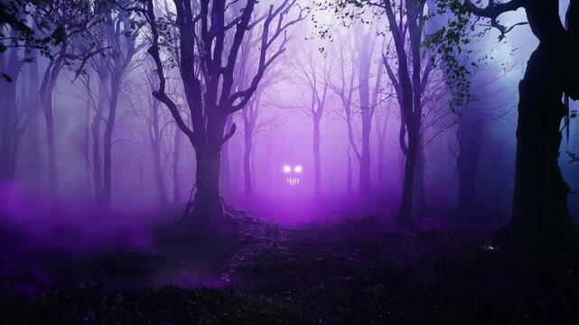 Misty purple forest. Twisted trees loom in twilight haze. Ethereal particles dance. Mysterious glowing eyes and grin materialize, hinting at an otherworldly presence. 