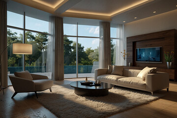 Modern Luxury Living Room with Large Windows, Cozy Sofa, and Scenic Outdoor View - Elegant Interior Design with Natural Light and Minimalist Furniture