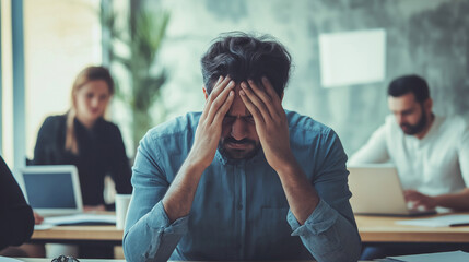 A stressed-out manager in a meeting, holding their forehead while colleagues discuss