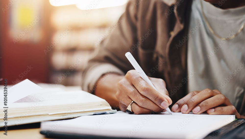 Poster hands, writing and books with person in library for knowledge, education and college thesis. academy