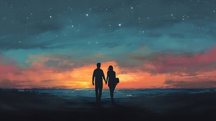 Fototapeta premium A couple walks hand-in-hand along a beach at sunset, silhouetted against a vibrant sky filled with stars.