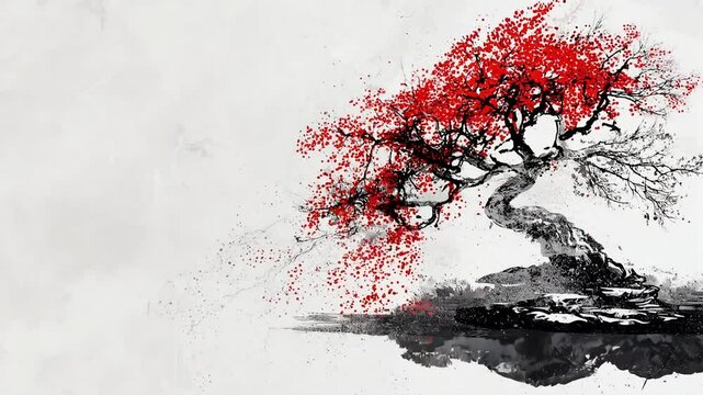 Black and White Tree with Red Flowers