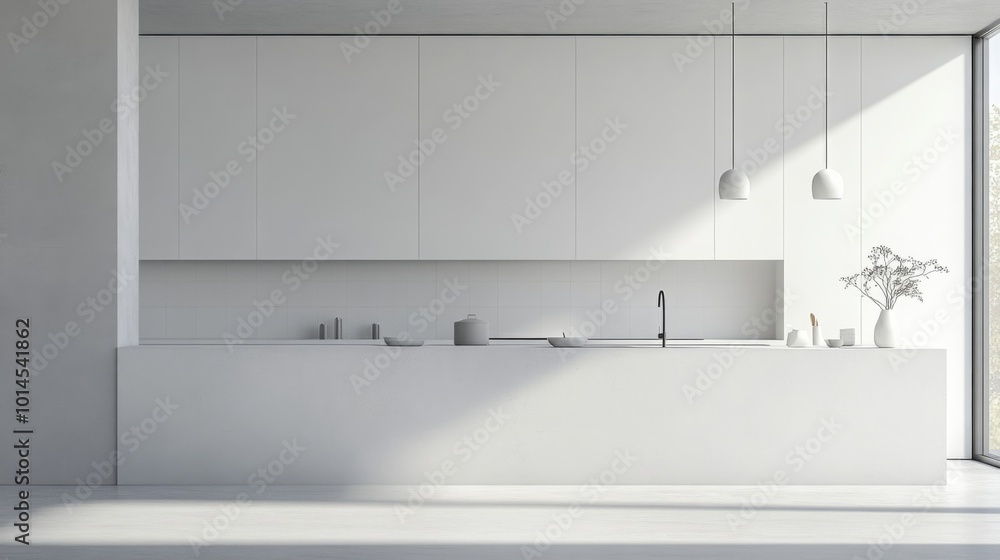 Poster a spacious kitchen showcases a minimalist design with white cabinetry and a sleek countertop. sunlig