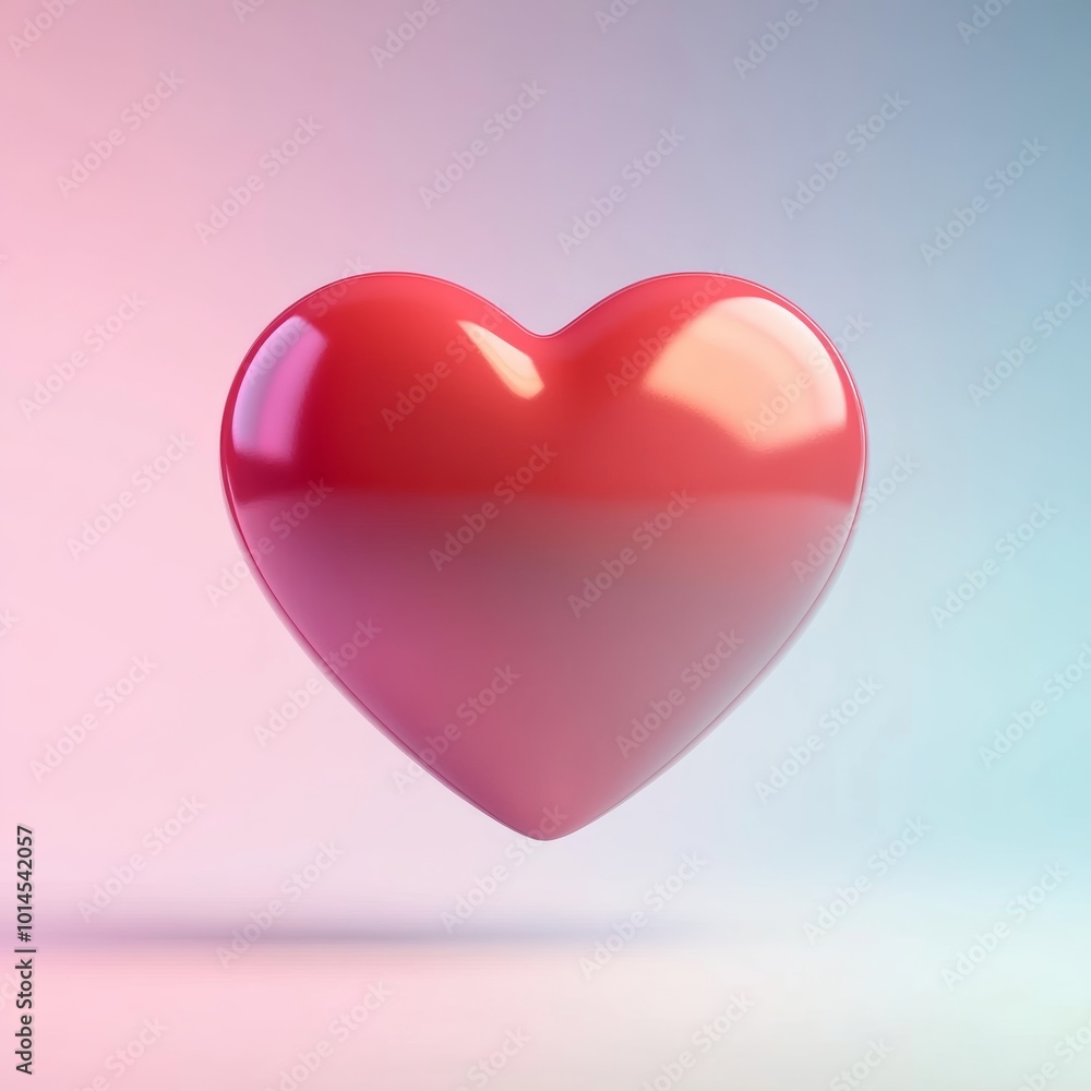 Poster minimalist three-dimensional red heart with a smooth texture, set against a soft pastel gradient