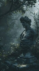 Ancient statue in a misty forest, 4K hyperrealistic photo