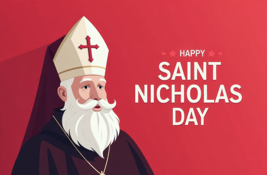 Saint Nicholas Day illustration, bishop in traditional attire, greeting card design, festive celebration, December 6 concept