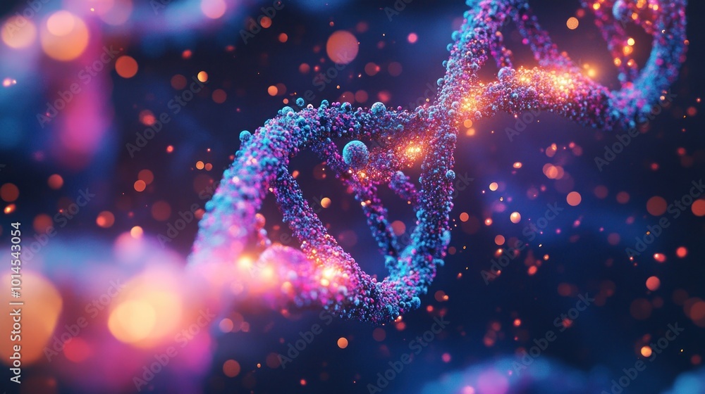 Poster abstract representation of dna strands with vibrant colors and glowing particles.