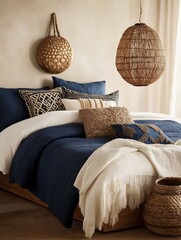 A serene boho bedroom featuring woven accents, blue and neutral-toned textiles, global-inspired pillows, and a cozy blanket. Natural elements and soft lighting create a peaceful, earthy atmosphere