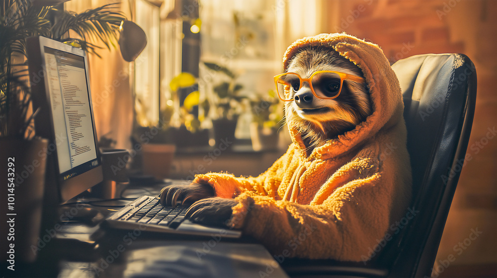 Wall mural sloth programmer code data on desktop pc .funny animals concept .