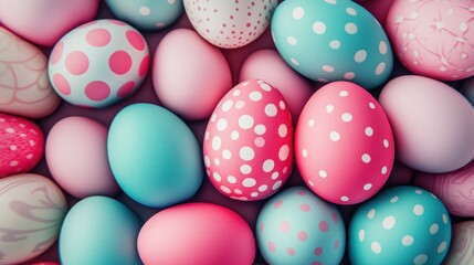 Fototapeta premium A colorful assortment of decorated Easter eggs in various pastel shades and patterns.