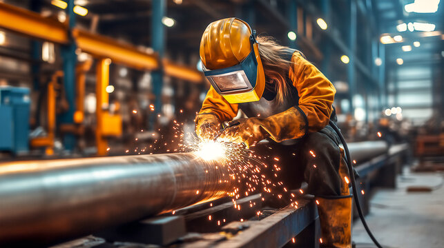 Professional female welder weld steel pipe .