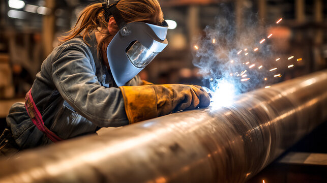 Professional female welder weld steel pipe .