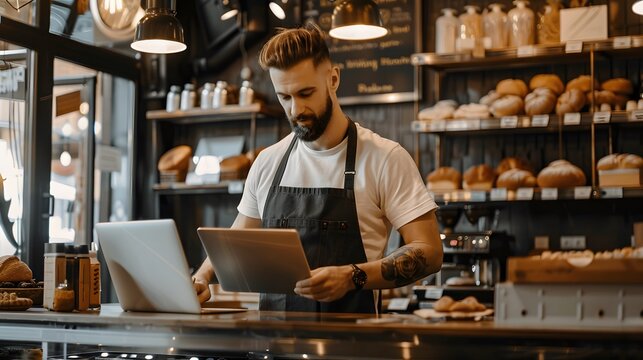 Business Owner Managing Bakery Operations with Tablet