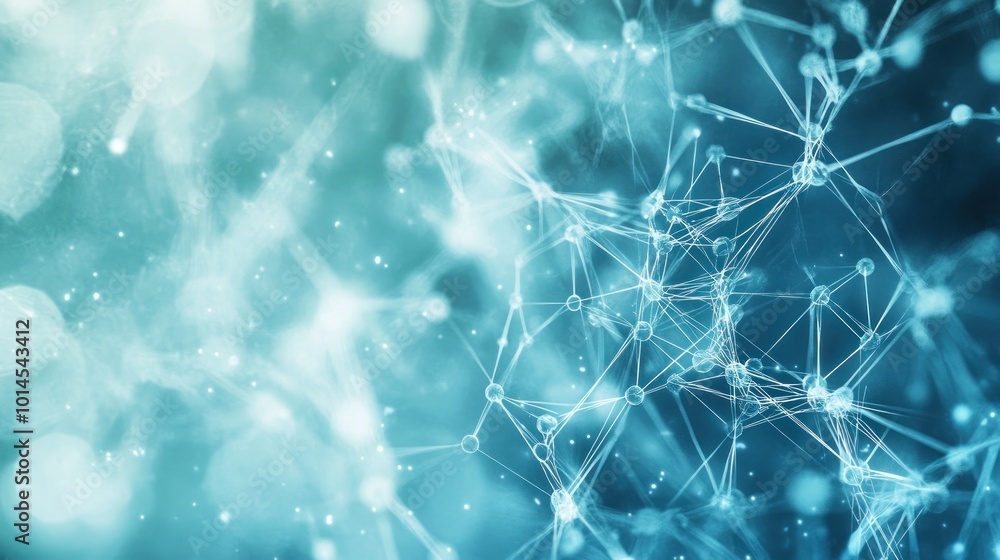Poster abstract representation of interconnected nodes and lines, symbolizing data and technology.