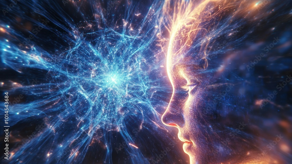 Poster abstract portrait of a person with a glowing aura and a radiating orb in the background