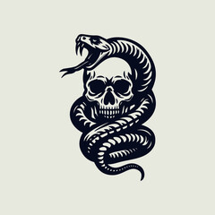 Human skull with a poisonous snake. Hand drawn line drawing. Vector art.
