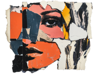 Female portrait in the technique of collage. Face of a woman from newspaper clippings, scraps of paper. Art portrait in the motif of the 90s. Isolated on transparent background.