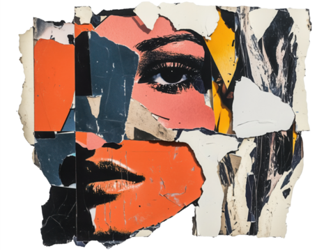 Female portrait in the technique of collage. Face of a woman from newspaper clippings, scraps of paper. Art portrait in the motif of the 90s. Isolated on transparent background.