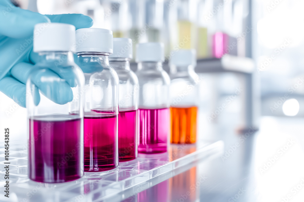 Poster a scientist in gloves carefully holds a vial while several colorful containers filled with various c