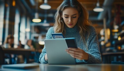 Young Woman Using Laptop and Smartphone in Cafe