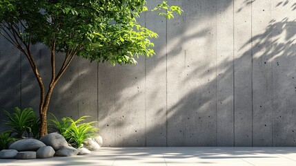 Modern home interior design with zen garden. Luxury home with empty concrete wall with sunlight, green tree and outdoor plants. 