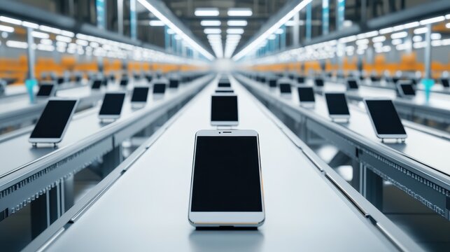 A row of smartphones being assembled on a conveyor belt in a modern factory, symbolizing mass production, technology, and manufacturing efficiency.