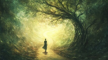 A figure walks along a road that branches into several directions, symbolizing the journey of life and the many choices we face.