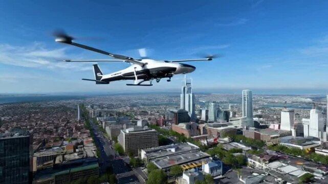 Futuristic manned roto passenger drone flying in the sky over modern city 2050 for future air transportation and robotics video.