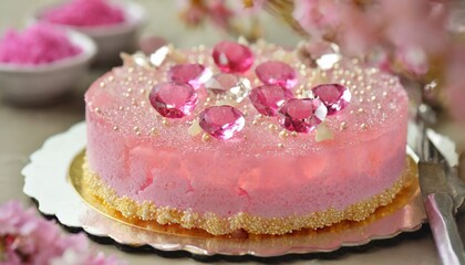 ピンクのグラデーションで装飾されたケーキは、砂糖のクリスタルや食べられるパール、繊細な花々で彩られています。エレガントで洗練された美しさが、ロマンチックで華やかな雰囲気を演出し、特別な機会やお祝いに最適です。輝くディテールが贅沢な印象を与えます。

