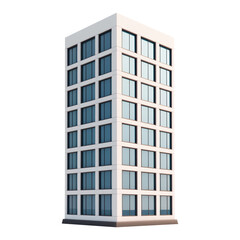 3D illustration of a modern glass high rise building with clean lines. Simple and sleek design emphasizes transparency and an urban corporate aesthetic. Isolated on transparent background, png.