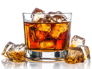 a glass of ice and amber liquid