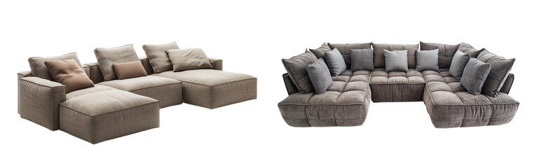 Large Modern U-Shaped and Modular Sectional Sofas with Multiple Cushions on a White Background
